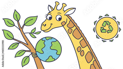 Go Green Planet colored Giraffe with a Shy touch, placed in a Earth Day theme