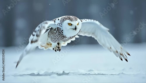 Snowy owl flying low over snowfield