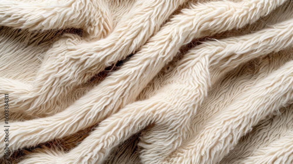 Fototapeta premium Fluffy wool texture with soft curls and light shadow creates cozy and inviting atmosphere. This fabric is perfect for warm clothing or home decor, adding touch of elegance