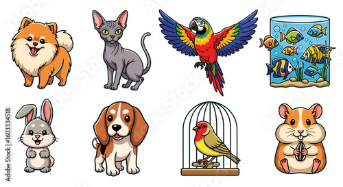 Collection of cartoon pets including dogs, cats, birds, fish, hamster, and a rabbit in a group shot