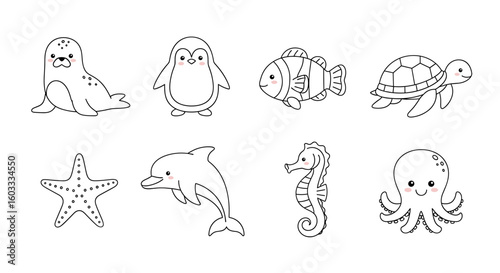 Outlined sea creatures including a seal penguin fish turtle starfish dolphin seahorse and octopus are shown