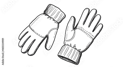 Hand-drawn winter gloves artwork: cozy knitwear with detailed stitching