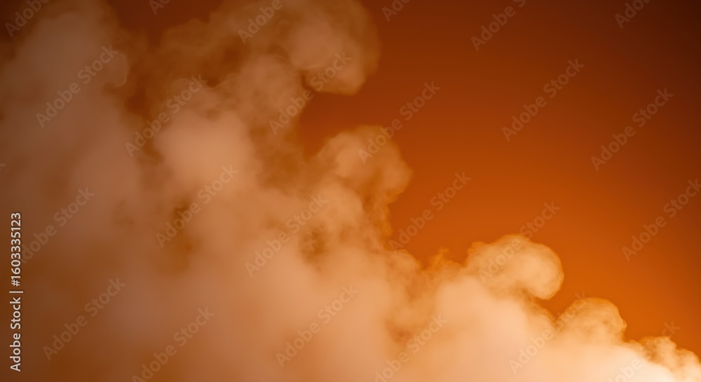 Naklejka premium Dramatic orange smoke clouds billowing against dark sky creating atmospheric weather phenomenon. Dense vapor formations with intense color saturation. Natural disaster and climate concept