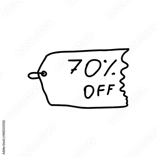 Black doodle 70% off discount label tag icon with handwritten lettering in minimalist sketch style for ecommerce marketing and seasonal sales on transparent background
