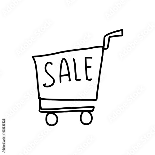 Shopping cart with SALE text in bold black doodle sketch style for ecommerce promotion, web banners and seasonal retail graphics on transparent background