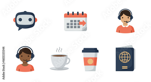 Customer support icons with calendar, passport, coffee, and robot chatbot in flat style