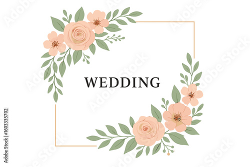 Elegant floral wedding invitation frame. Beautiful watercolor roses and leaves decoration for card design. Romantic spring flower border illustration for save the date template.