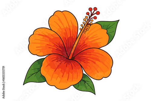 Hibiscus flower icon vector illustration. Orange tropical floral element. Exotic summer bloom blossom isolated on white background. Botanical hawaiian plant for graphic design.