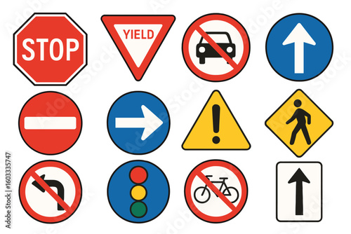 Traffic signs collection. Road safety symbols set. Street regulation and warning icons. Vector illustration for transportation design. Stop, yield, no entry, pedestrian.