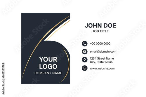 Elegant business card template with luxury gold details. Modern vertical design for corporate branding and professional identity. Vector illustration, printable stationery layout.