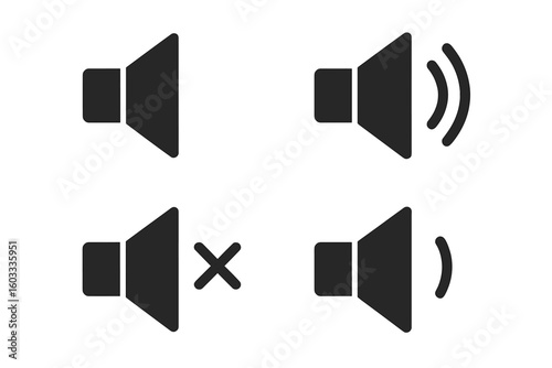 Sound volume icon set vector illustration. Audio speaker symbol collection for web design. UI UX interface button kit. Mute, unmute, loud and quiet signs. Flat simple graphic.