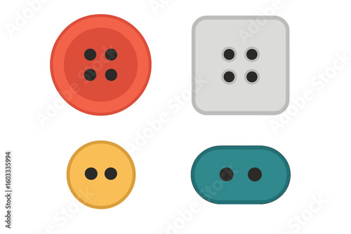 Colorful sewing buttons set. Vector illustration of clothing fasteners. Tailor shop supplies for handmade crafts and fashion design. Various shapes isolated on white background.