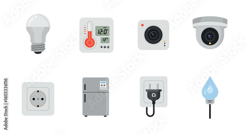 Smart home devices: modern flat icons set featuring thermostat, camera, and more