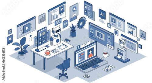 Future workspace design with ai technology and robotics in isometric style