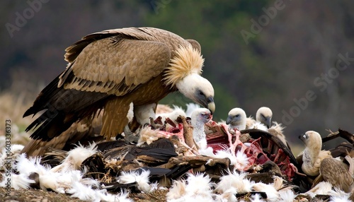 A vulture feasting on a carcass in a forest