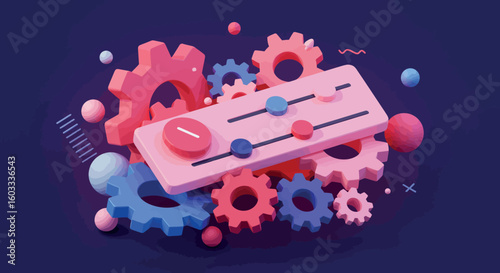 Abstract 3d gear mechanism with control panel in vivid colors