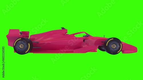 Red Formula One Race Car Side View on Green Chroma Key Background