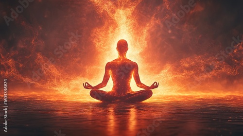 A person meditates in a lotus pose surrounded by fiery, glowing energy, symbolizing intense focus and spiritual power.