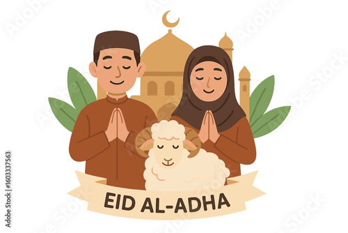 Eid al-Adha Mubarak greeting. Muslim couple celebrate Islamic holiday. Festival of sacrifice with sheep & mosque. Vector for religious celebration. Kurban Bayrami tradition.