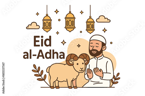 Eid al-Adha Mubarak greeting card. Muslim man praying. Islamic holiday Feast of the Sacrifice. Kurban Bayrami. Religious celebration with sheep, ram, and lanterns vector.