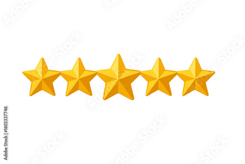 Golden Five Star Rating 3D Vector Illustration. Best Quality Award, Top Product Review Concept, Shiny Stars, Symbol of Excellence, Transparent Background, Client Satisfaction