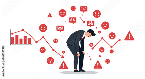 Businessman struggling with financial loss and market downturn in red flat icons
