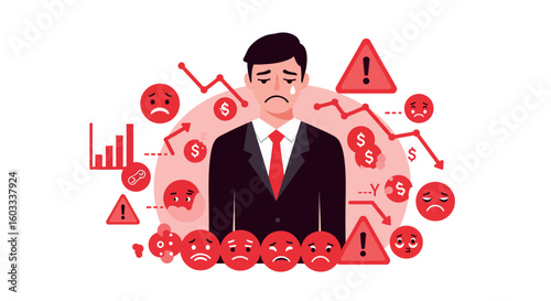 Businessman facing economic crisis with declining graphs and warning signs