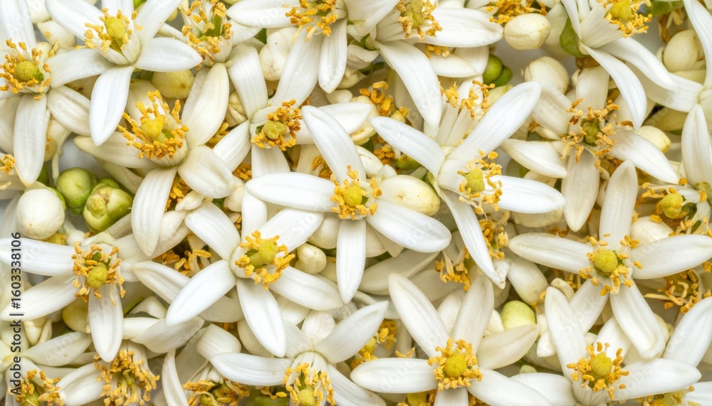 Fototapeta premium Abundance of White Citrus Flowers with Yellow Centers in a Floral Arrangement