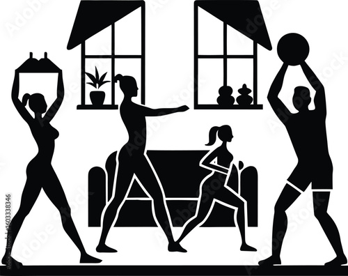 Home Workout Flat Scene Silhouette | Fitness Training At Home Illustration