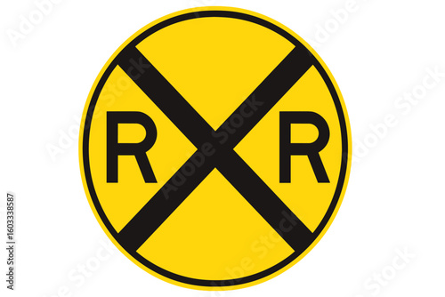 Railway crossing warning sign vector illustration. Railroad traffic safety symbol. Yellow round sign with black cross and R R letters. Roadside alert icon for transportation.