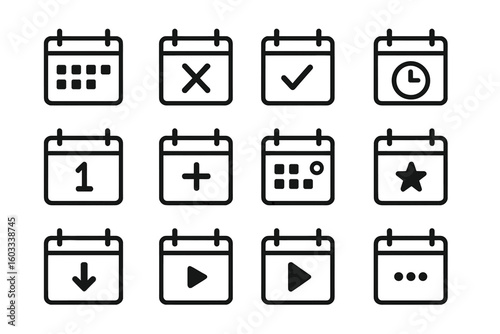 Calendar icon set for app and website UI. Event date organizer and business plan schedule symbols. Vector line icons for agenda, reminder, deadline, appointment management.