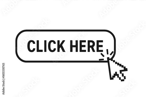Click here web button with computer mouse cursor arrow. Call to action concept for website navigation. User interface design element. Promotion symbol for internet interaction.