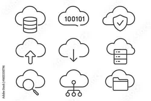 Cloud computing line icon set. Outline web pictograms for data storage, server, database, download, upload, network, sync and security technology. Digital service vector.