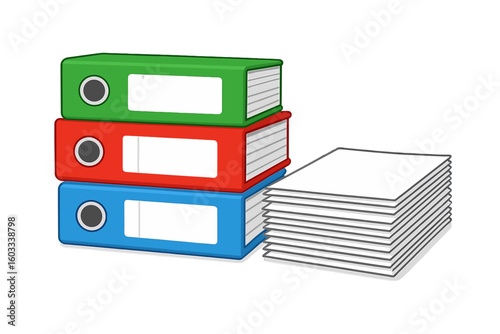 Colorful lever arch file binders and tidy stack of blank A4 paper on white background. Office stationery organization, paperwork archive, accounting vector illustration