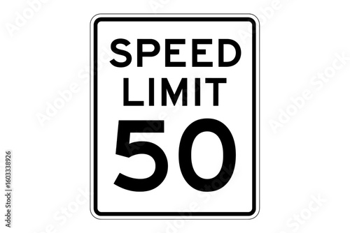 Speed limit 50 mph vector road sign illustration. Realistic USA traffic regulatory symbol for driving safety. Fifty miles per hour street warning sign isolated on white background.