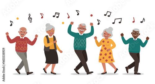Lively seniors dancing to music with joyful expressions and colorful notes