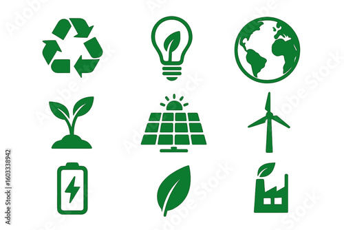Eco icons set for green energy and sustainability. Ecology and environment symbol collection. Renewable resources vector graphics like solar panel, wind turbine, recycle sign.