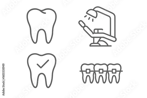 Dentistry icon set in outline linear style. Tooth, dental office, treatment, restoration of teeth. Orthodontist and dentist symbols. Vector conceptual web icons collection.