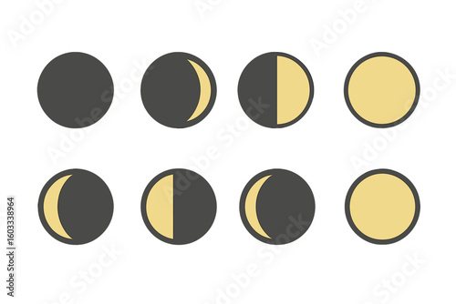 Moon phases vector icon set in flat design. Full lunar cycle from new, crescent, gibbous to full moon. Astronomy science celestial astrology symbol. Night sky graphic.