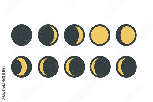 Flat design vector moon phases icon set. Complete lunar cycle illustration from new moon to full moon. Astronomy, astrology, and esoteric concept for night sky and space.