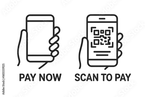 Mobile Payment Line Icons, Digital Wallet Pay Now and Scan to Pay with Smartphone, QR Code Transaction, Fintech Vector, Contactless Money Transfer, E-wallet Payment Technology Concept