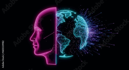Neon fusion of human profile and digital world