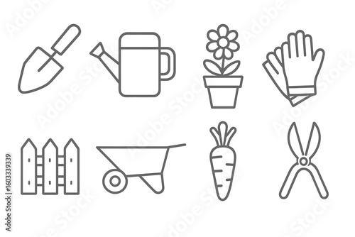 Gardening tools line icon set. Simple vector outline symbols for horticulture and farming. Includes shovel, watering can, potted flower, gloves, fence, wheelbarrow, carrot.