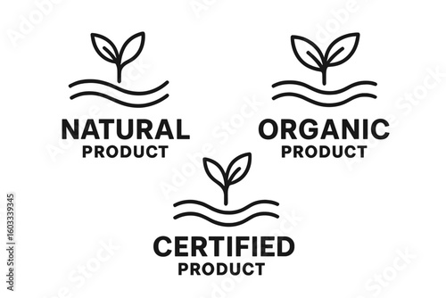 Natural organic certified product icon set. Eco bio food label for packaging. Vegan, non-gmo, healthy food symbol. Vector illustration of a plant sprout logo and badge.