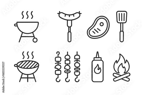 Barbecue and grill line icons set. Vector collection of simple outline symbols for summer picnic or outdoor party. Includes charcoal grill, steak, sausage, skewer, and campfire.