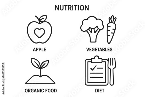 Nutrition line icon set for healthy eating and wellness. Includes simple outline symbols for apple, vegetables, organic food, and diet plan. Vector graphic collection.