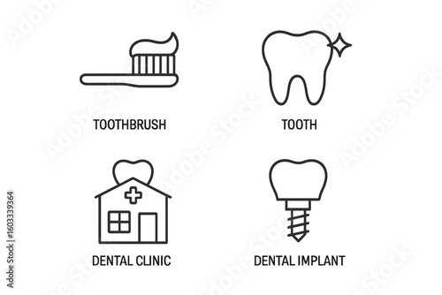 Dentistry and oral hygiene line icon set. Dental care concepts with toothbrush, clean tooth, clinic, and implant symbols. Vector collection for stomatology and healthcare.