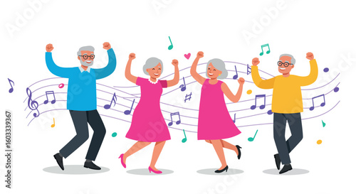 Seniors dancing in joyful musical celebration with colorful notes