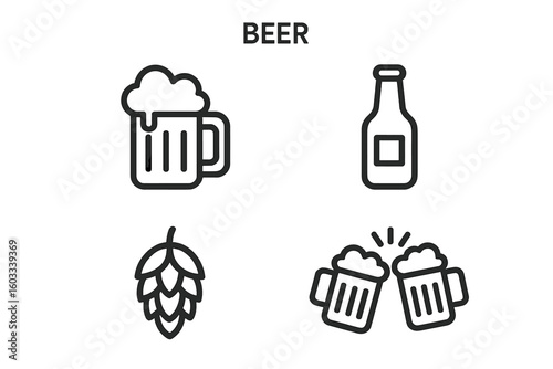 Beer icons set, simple and modern vector illustration of beer glasses, bottles, mugs, and craft brewery symbols, isolated design elements for bar, pub, alcohol, and drink concepts
