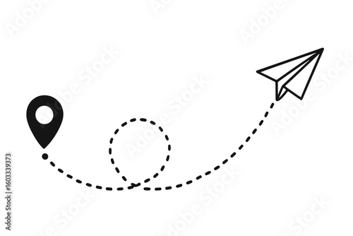 Paper plane flight path with start point pin. Dashed line route to destination. Origami airplane flying on a track. Travel, journey, and business goal concept. Vector icon.